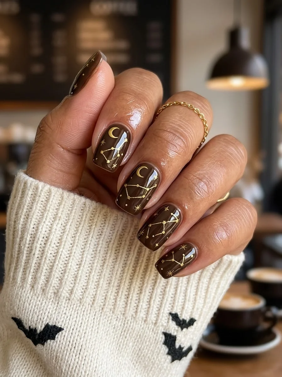 Dark brown short oval nails with gold constellation and moon designs.