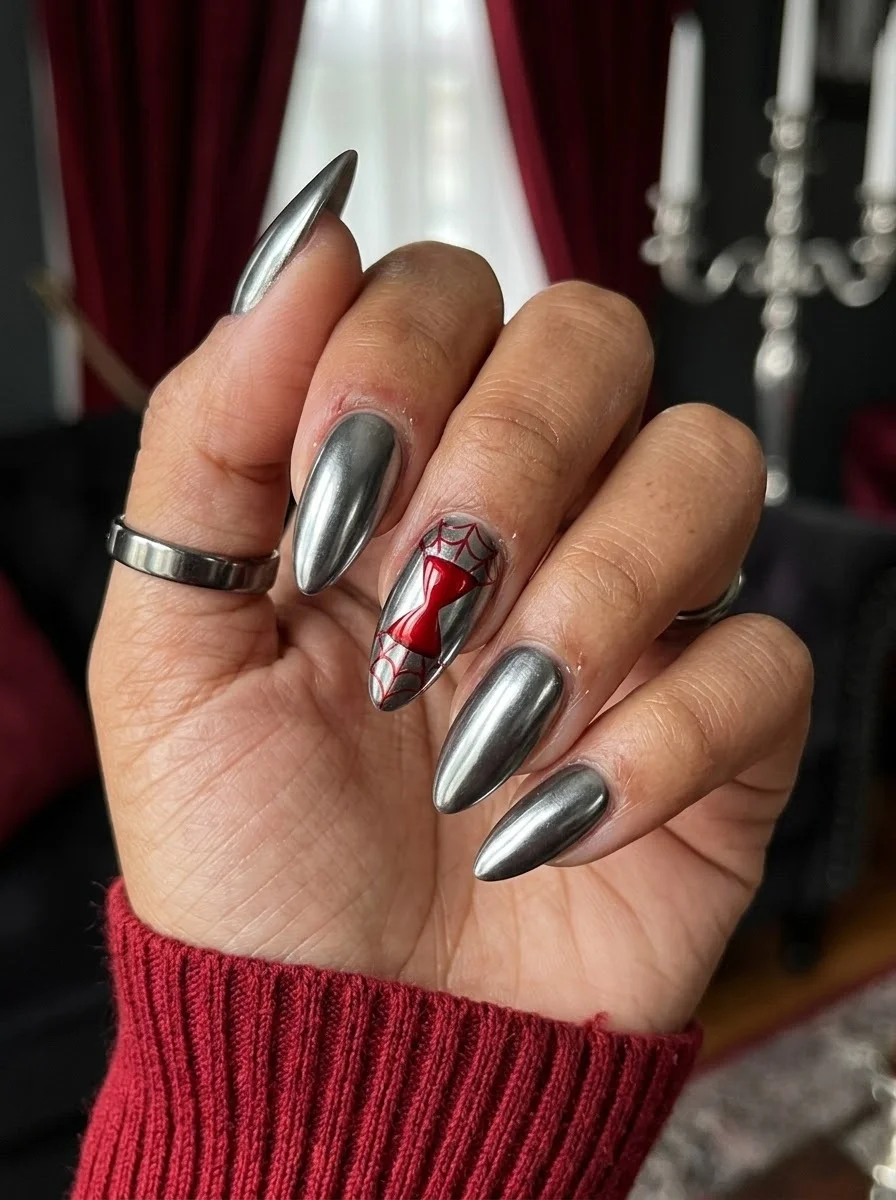 Metallic silver chrome stiletto nails with a red spiderweb and bow design on the ring finger.