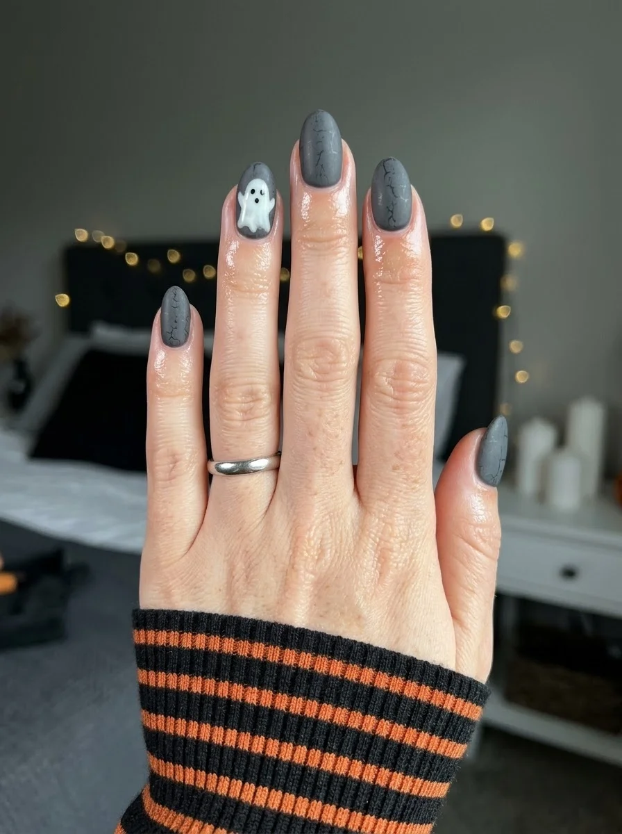 Matte grey almond nails with a crackle texture and a small white ghost on the ring finger.