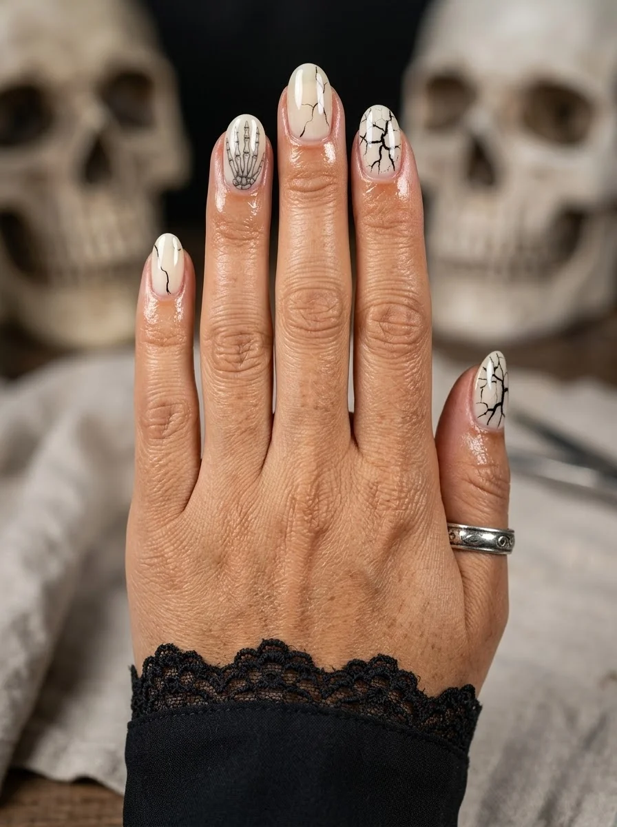 Cream colored almond nails with black crackle vein designs and a skeleton hand on the middle finger.