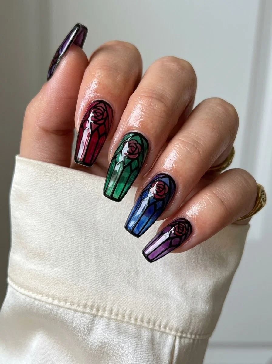 Coffin nails with a stained glass rose design featuring multiple colors including red, green, blue, and purple with black outlines.
