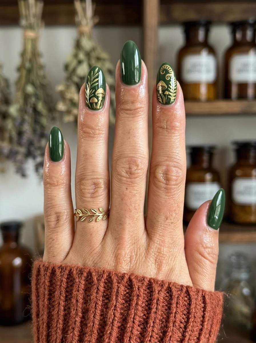 Dark forest green almond nails with gold mushroom and leaf/fern designs on two accent nails.