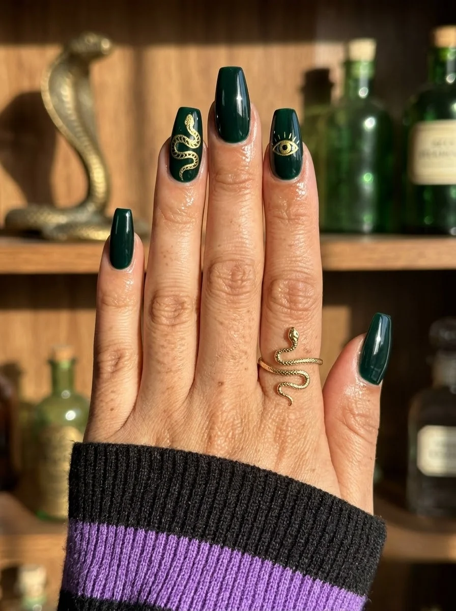 Dark forest green coffin nails with a gold snake on one accent nail and a gold evil eye on another.