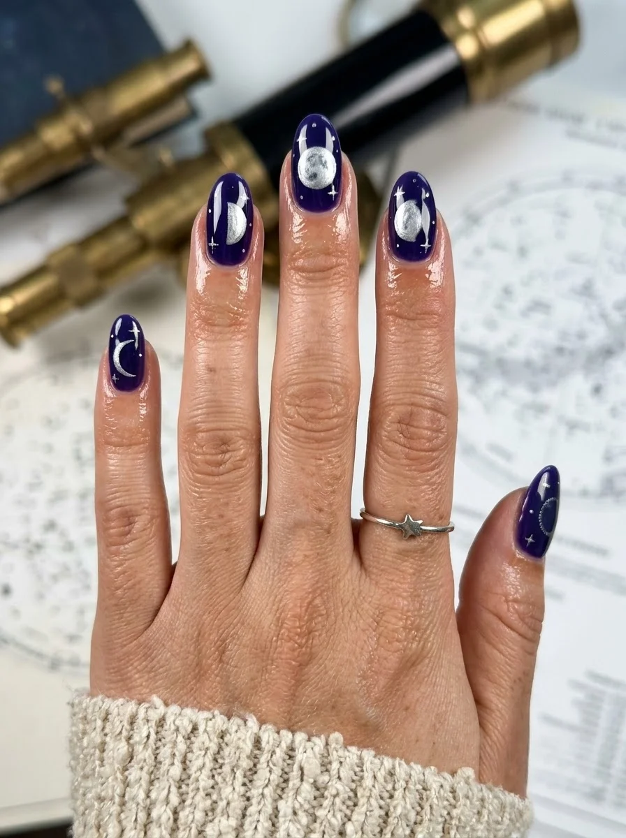 Navy blue almond nails with silver moon phase designs and small stars.