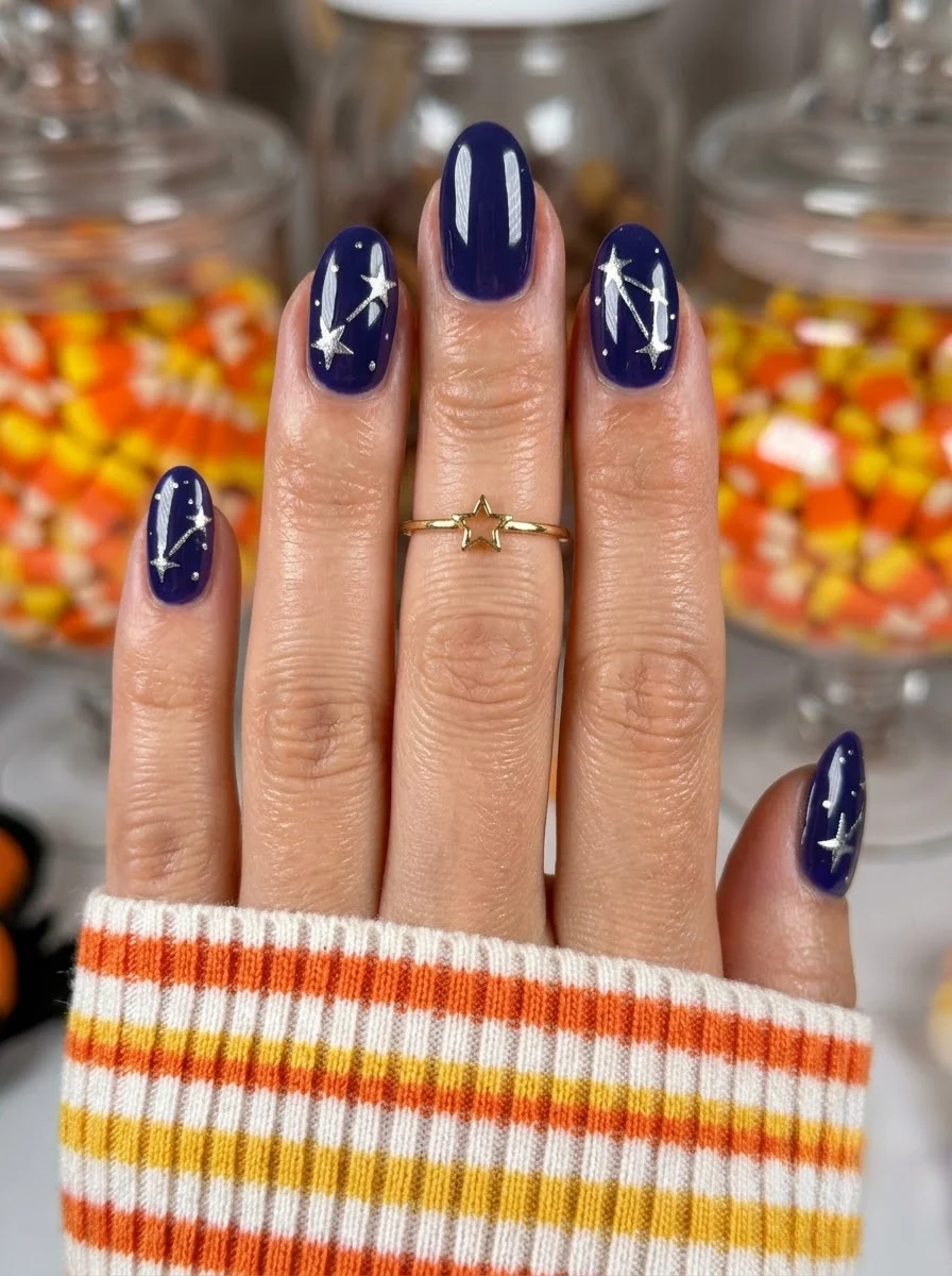 Navy blue oval nails with silver constellation designs featuring connected stars.