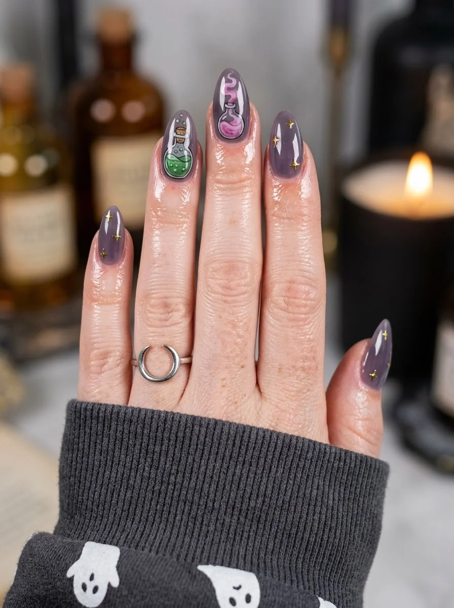 Muted purple mauve almond nails with hand-painted potion bottle designs on accent nails and gold stars.