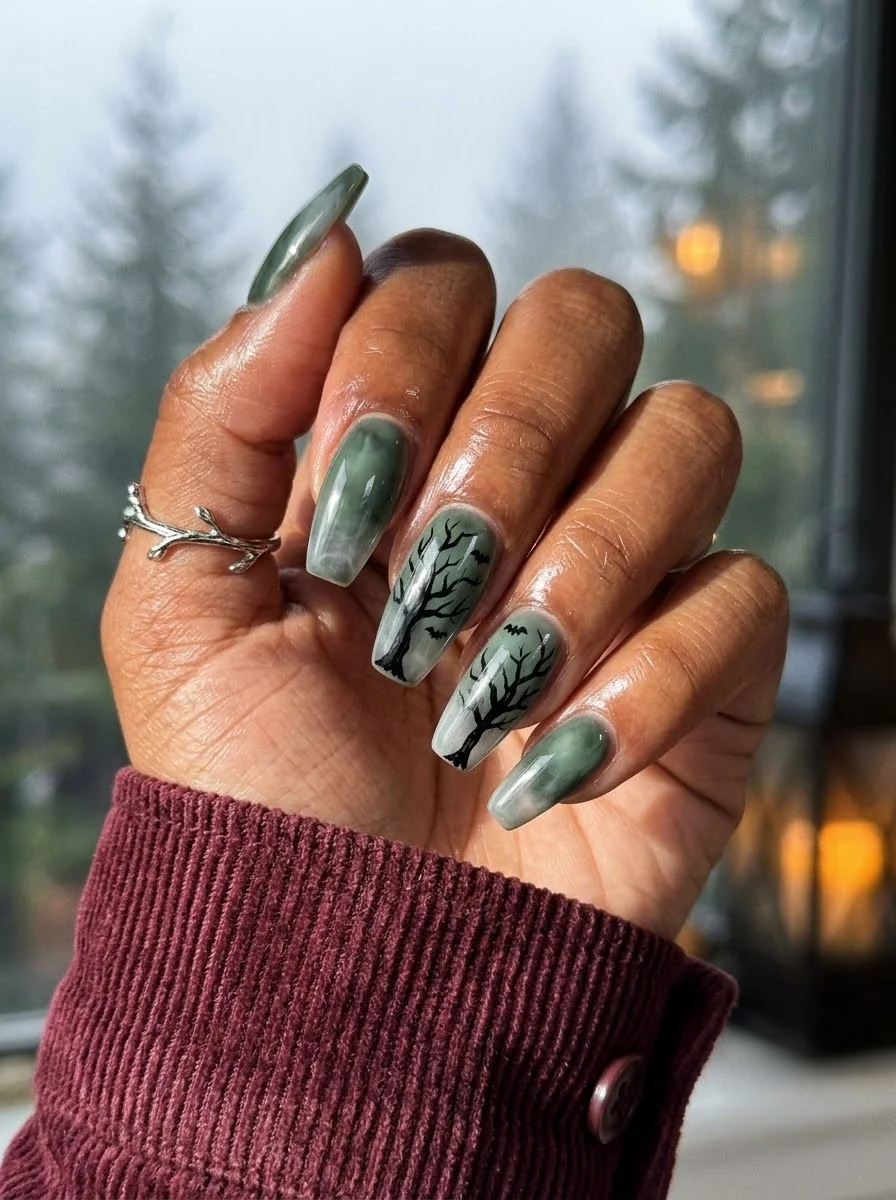 Sage green marble swirl coffin nails with black bare tree branches and bats on accent nails.