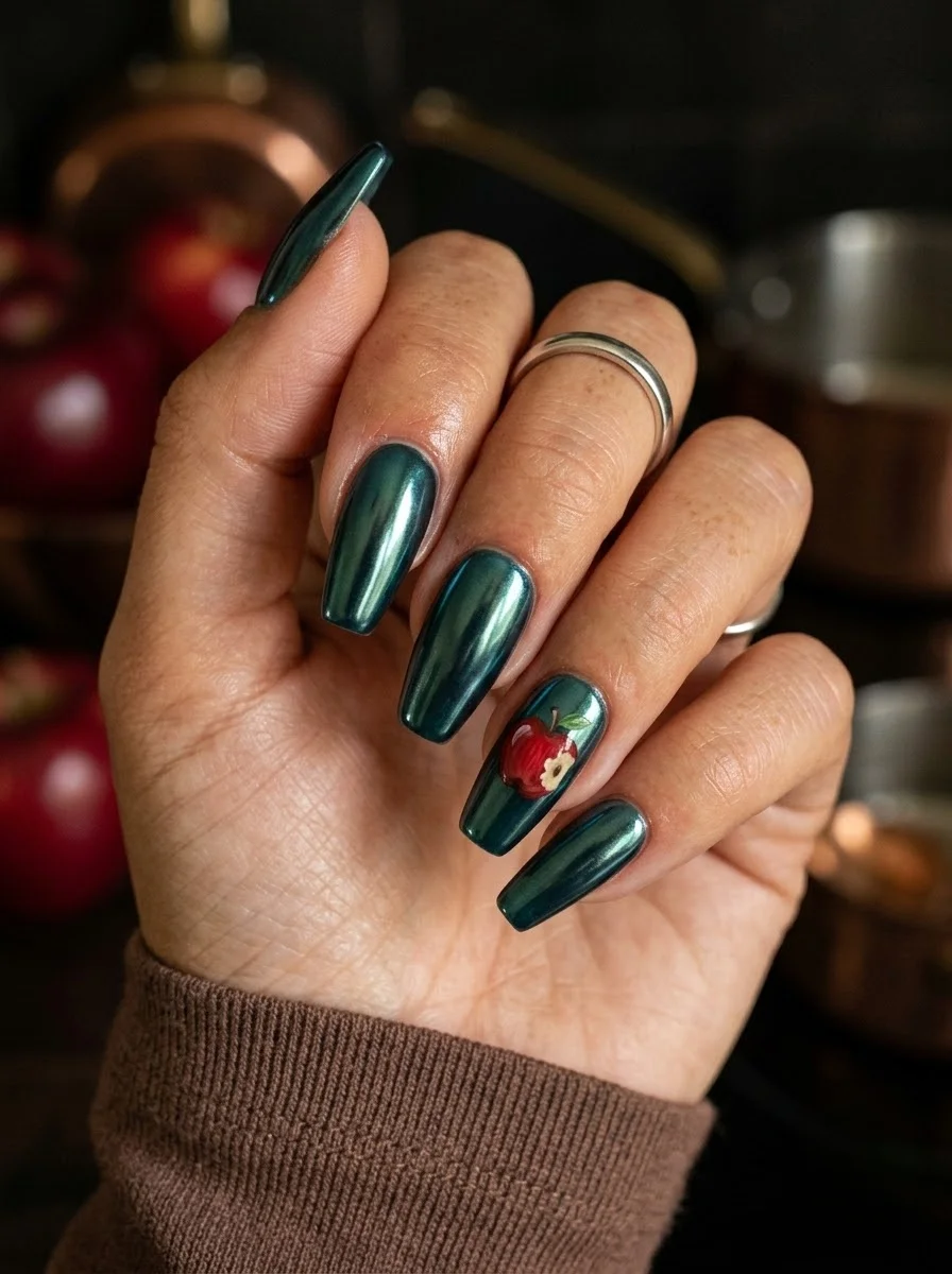 Teal emerald metallic chrome coffin nails with a red apple accent on the ring finger.