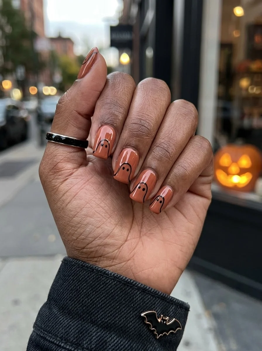 Short oval nails with a sheer nude base and black outline ghost designs on multiple fingers.