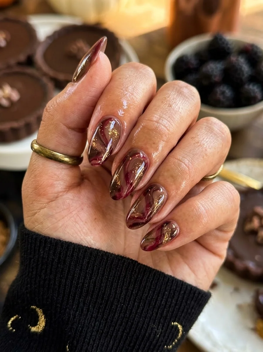 Almond nails with a deep burgundy wine swirl pattern and gold metallic flecks scattered throughout.