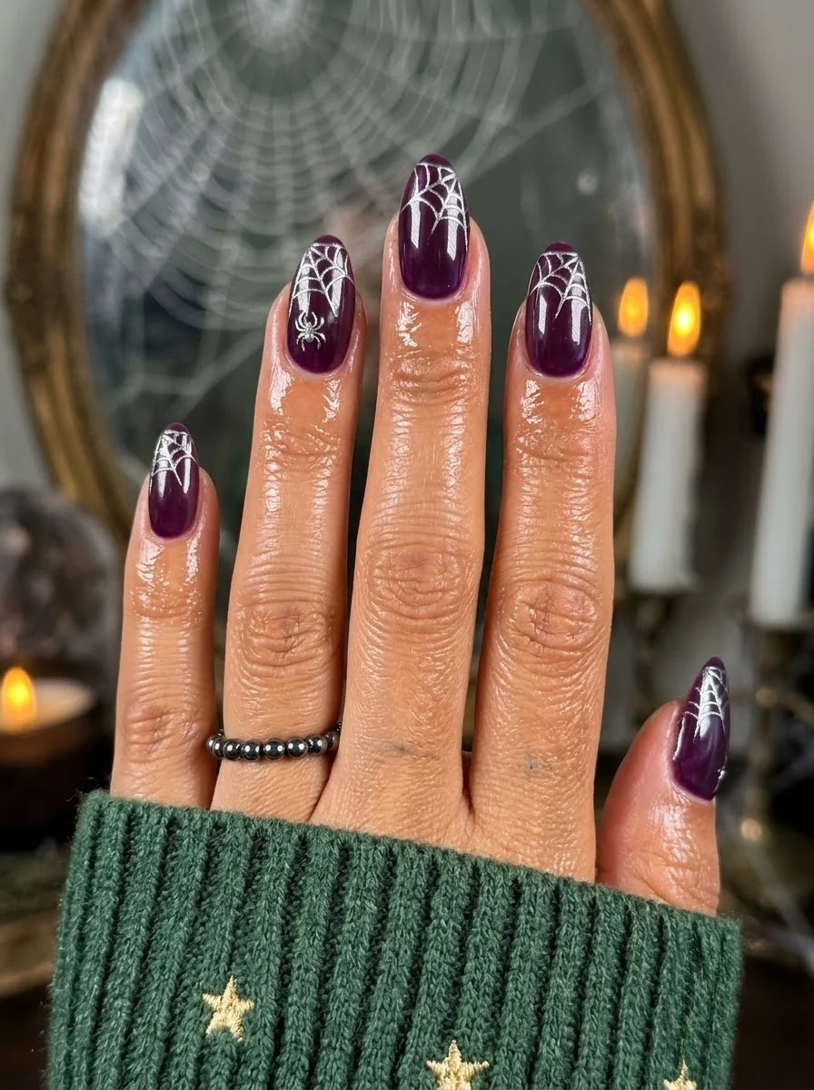 Deep purple almond nails with white spiderweb designs and a spider on the ring finger.