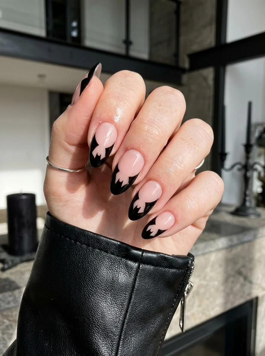 Almond nails with sheer nude base and black bat-shaped French tips where the bat wings form the smile line.