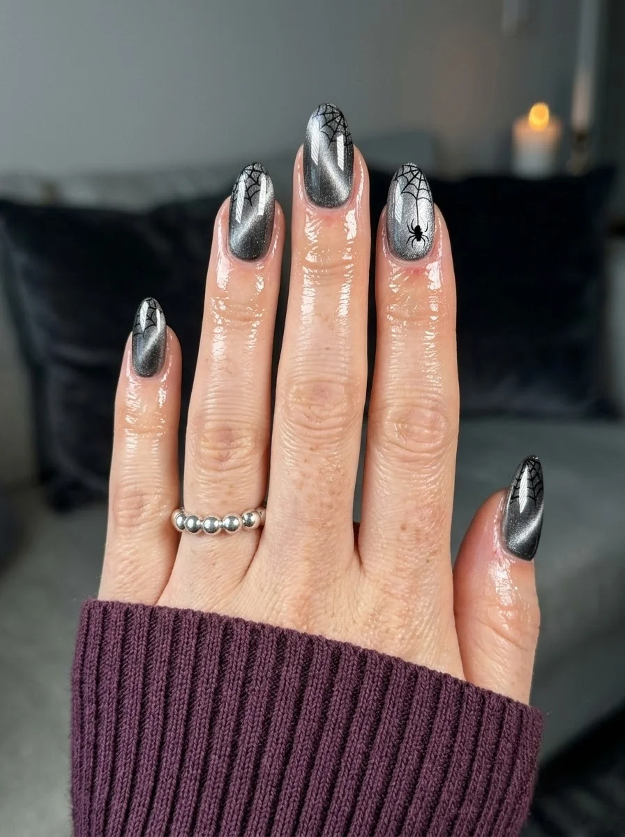 Grey cat-eye chrome almond nails with black spiderweb designs and a spider on the ring finger.