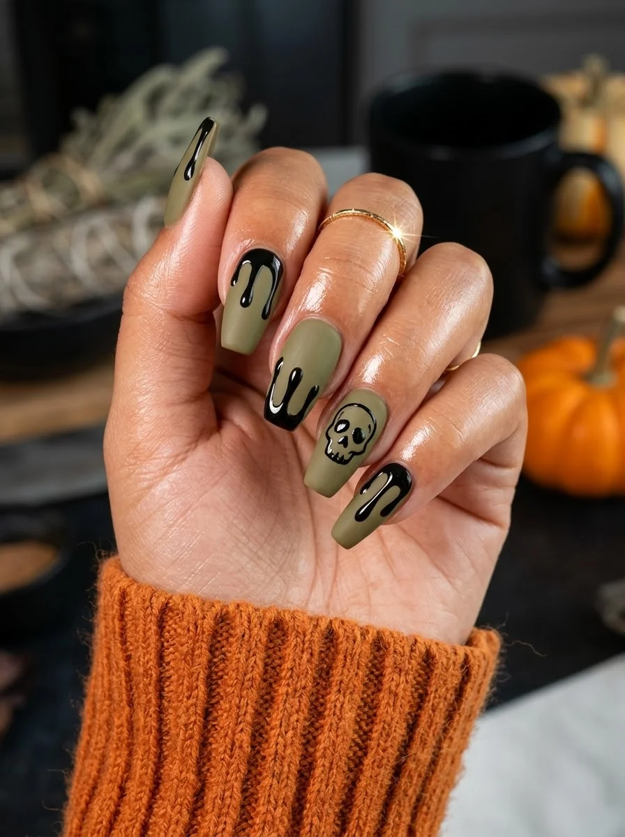 Olive green coffin nails with glossy black drips from the cuticle and a skull accent on the ring finger.