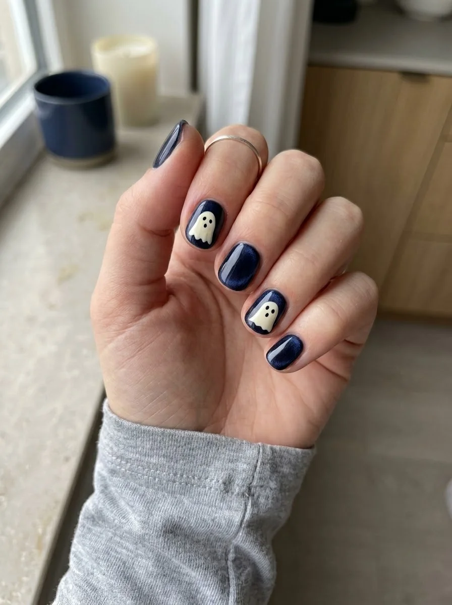 Midnight Blue Ghost Nails - Deep midnight blue short nails with creamy white ghost accent art