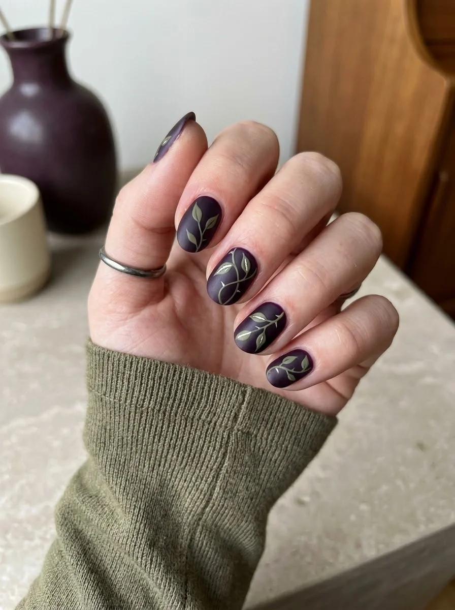 Plum Botanical Halloween Nails - Deep aubergine plum short nails with soft olive-green vine artwork