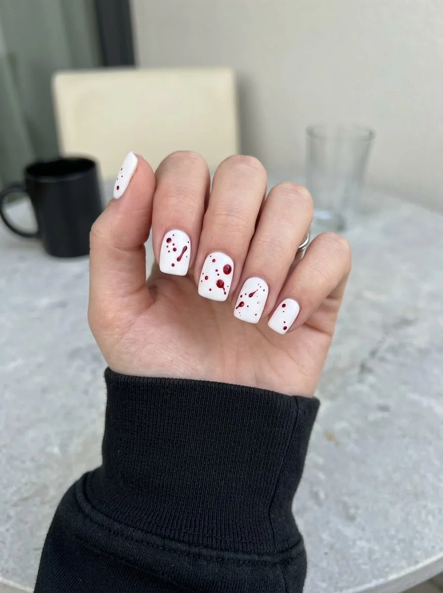 White Blood Splatter Nails - Crisp white short nails with dramatic deep red splatter and droplet details