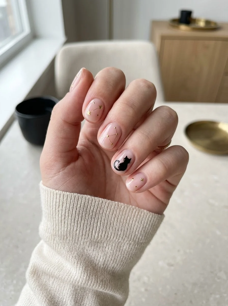 Black Cat & Constellation Nails - Sheer blush-nude short nails with gold star constellations and a black cat silhouette