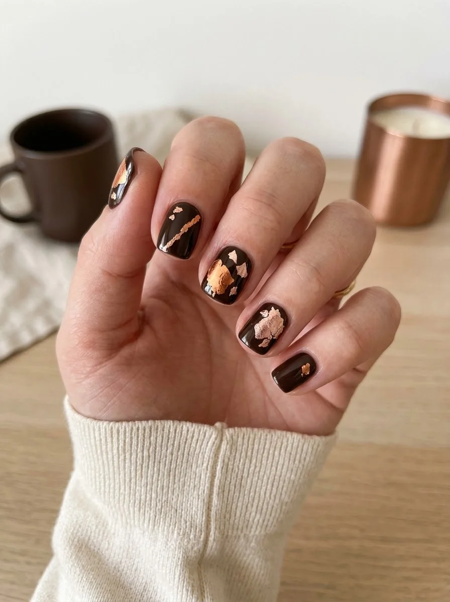 Chocolate & Copper Foil Nails - Glossy dark chocolate brown short nails with copper and rose-gold metallic foil