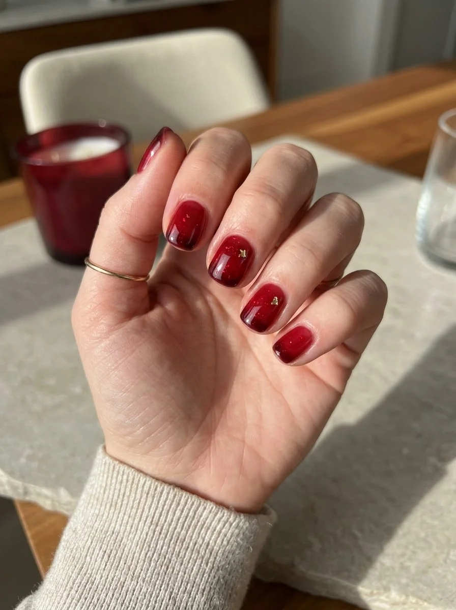 Ruby Ombre Halloween Nails - Deep ruby red to wine ombre short nails with subtle metallic glitter flecks