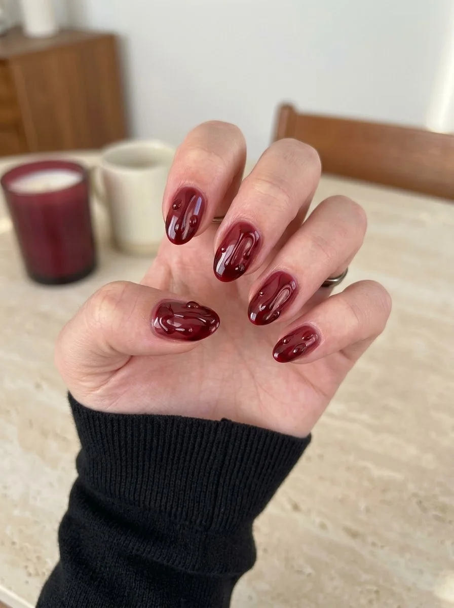 3D Blood Drip Nails - Glossy dark red short nails with raised 3D jelly-like droplet details
