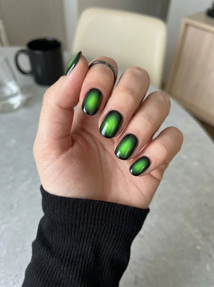 Toxic Green Ombre Nails - Electric neon green center fading to deep black edges on short nails
