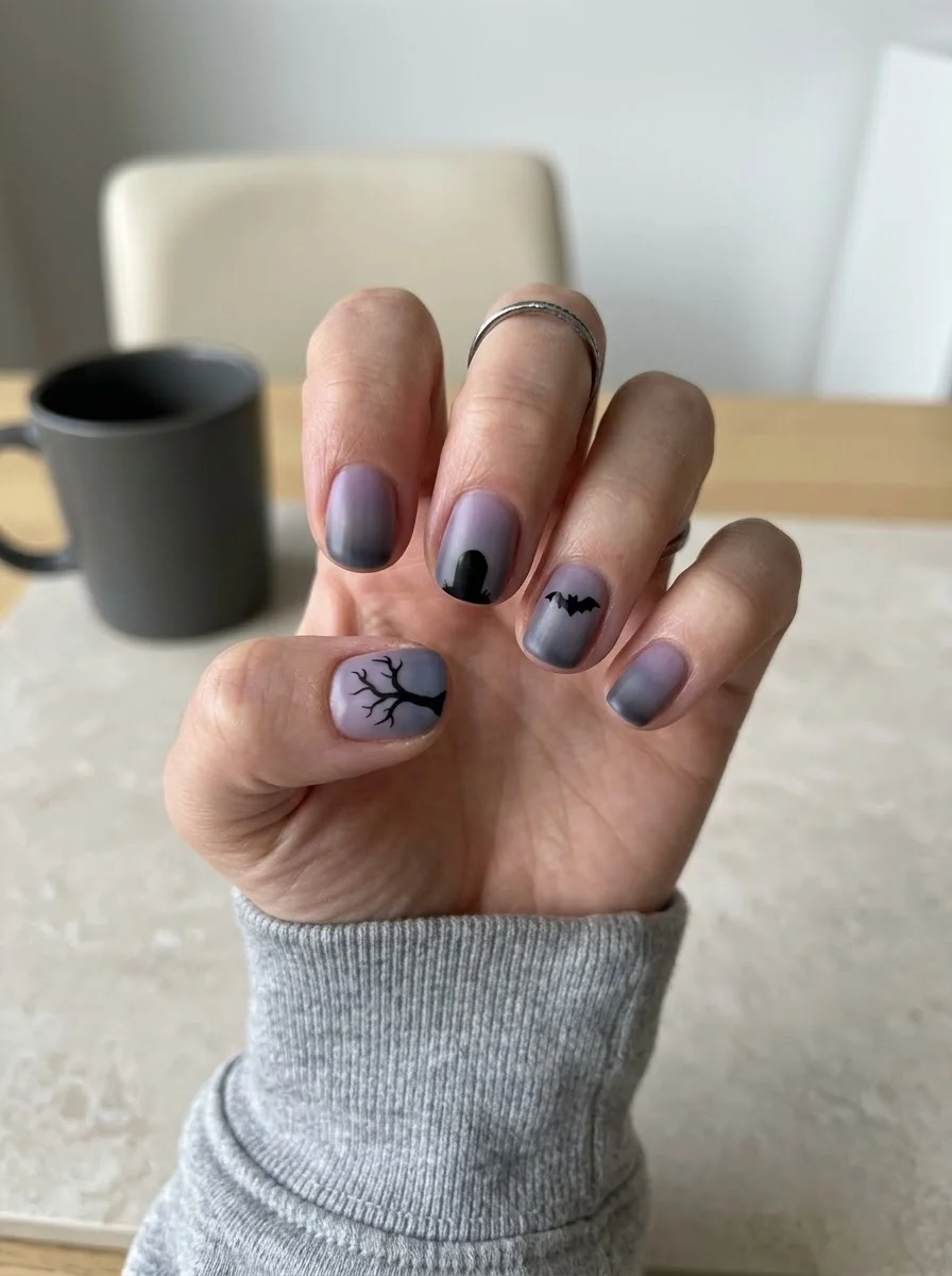 Purple Fog Bat Nails - Soft lavender and smoky charcoal ombre short nails with black bat silhouette
