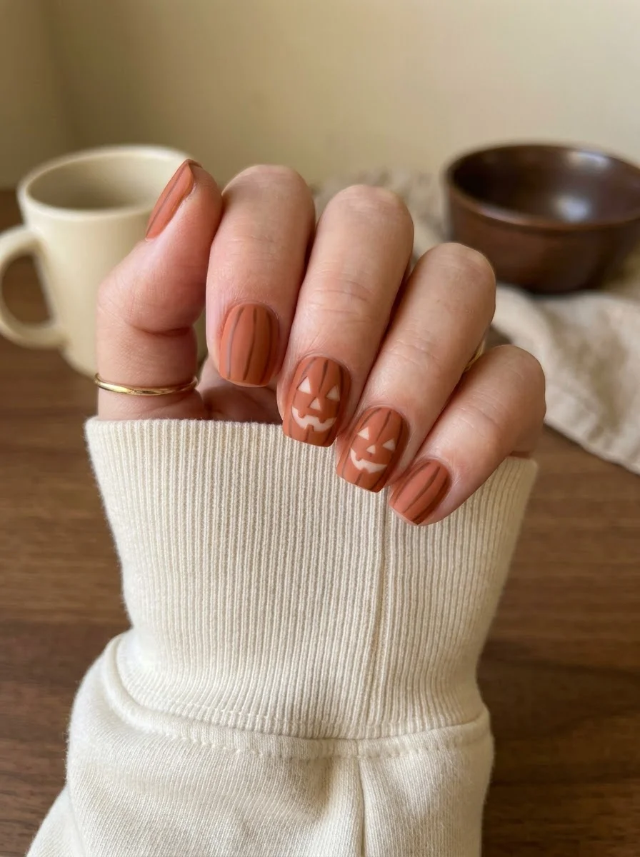 Terracotta Jack-O'-Lantern Nails - Warm terracotta short nails with dark pumpkin grooves and jack-o'-lantern face accents