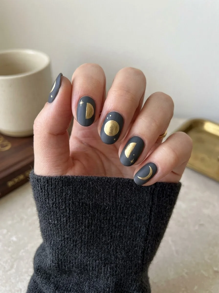 Charcoal Moon Phase Nails - Matte charcoal short nails with metallic-gold moon phases and tiny stars