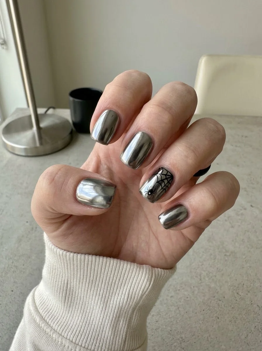 Silver Chrome Spider Nails - Metallic silver chrome short nails with black spider web and spider accent art