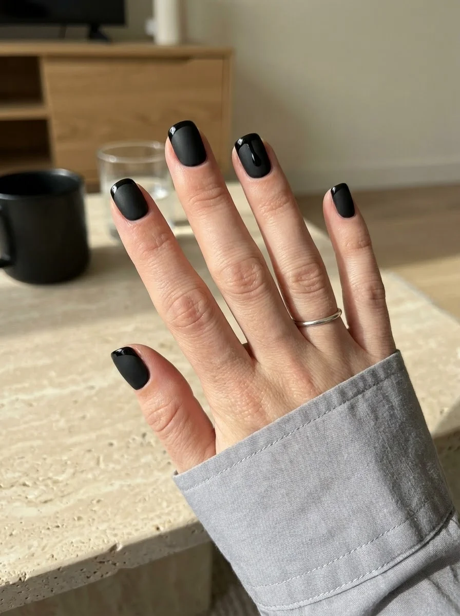 Matte Black Minimal Nails - Minimalist matte black short nails with glossy curved French tips