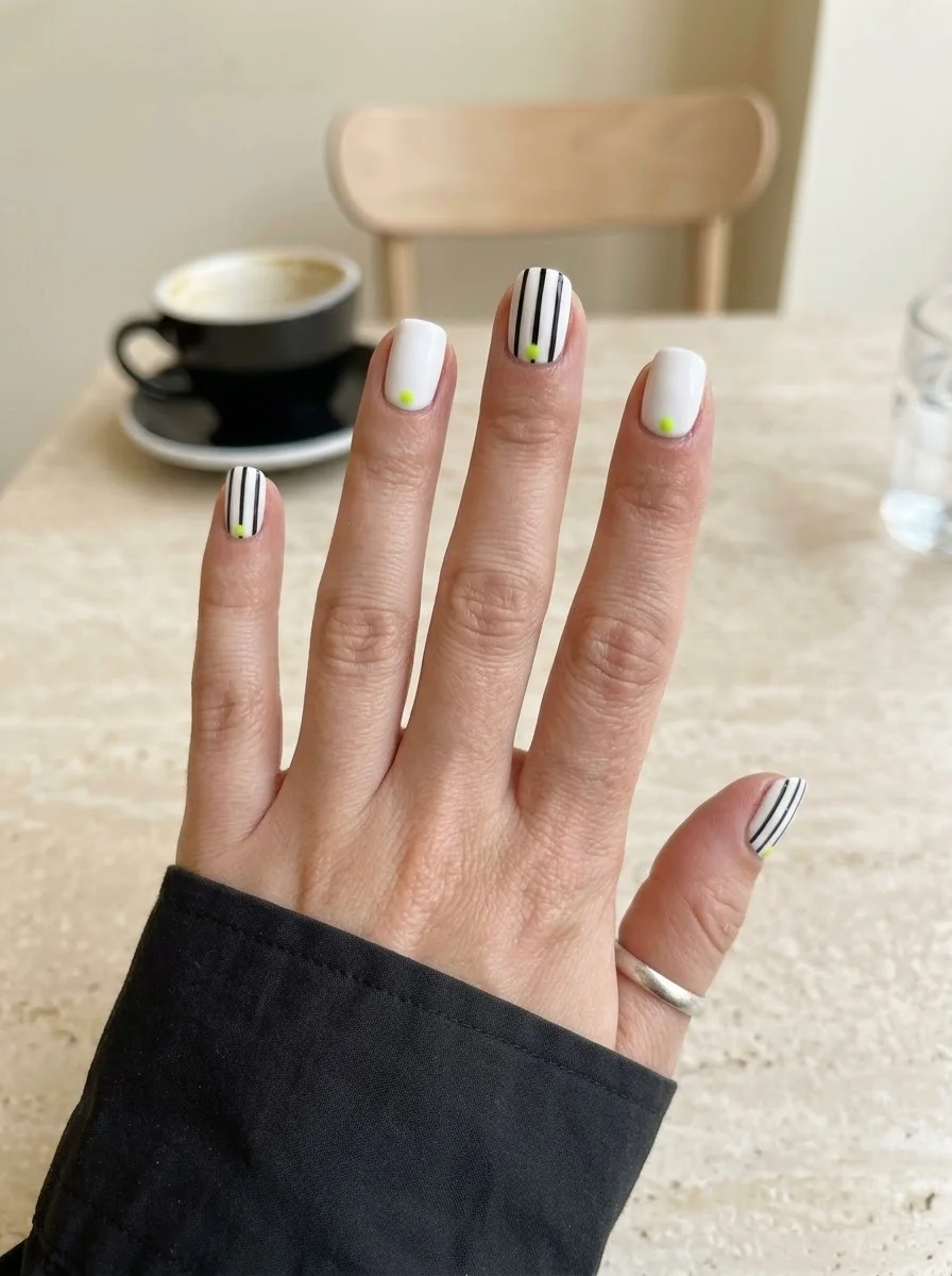 Beetlejuice Stripe Nails - Crisp white short nails with black vertical stripes and neon green cuticle dots