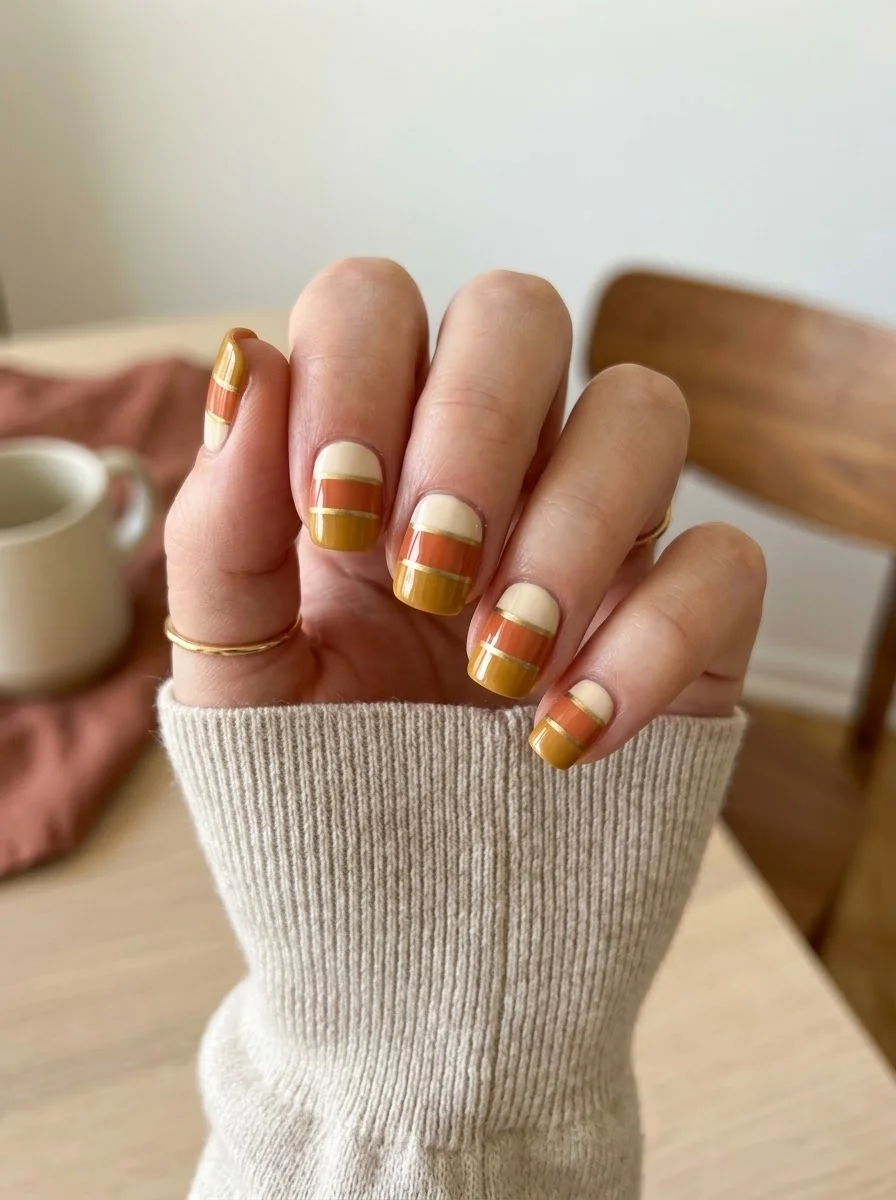 Candy Corn Stripe Nails - Short nails with soft cream, orange, and mustard yellow horizontal stripes
