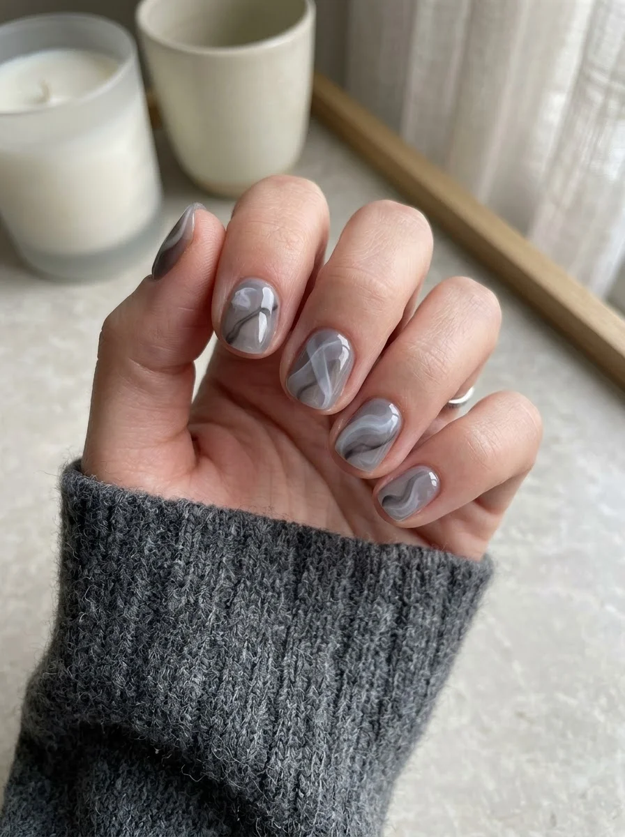 Smoky Grey Marble Nails - Cool grey short nails with soft charcoal and white marble swirls