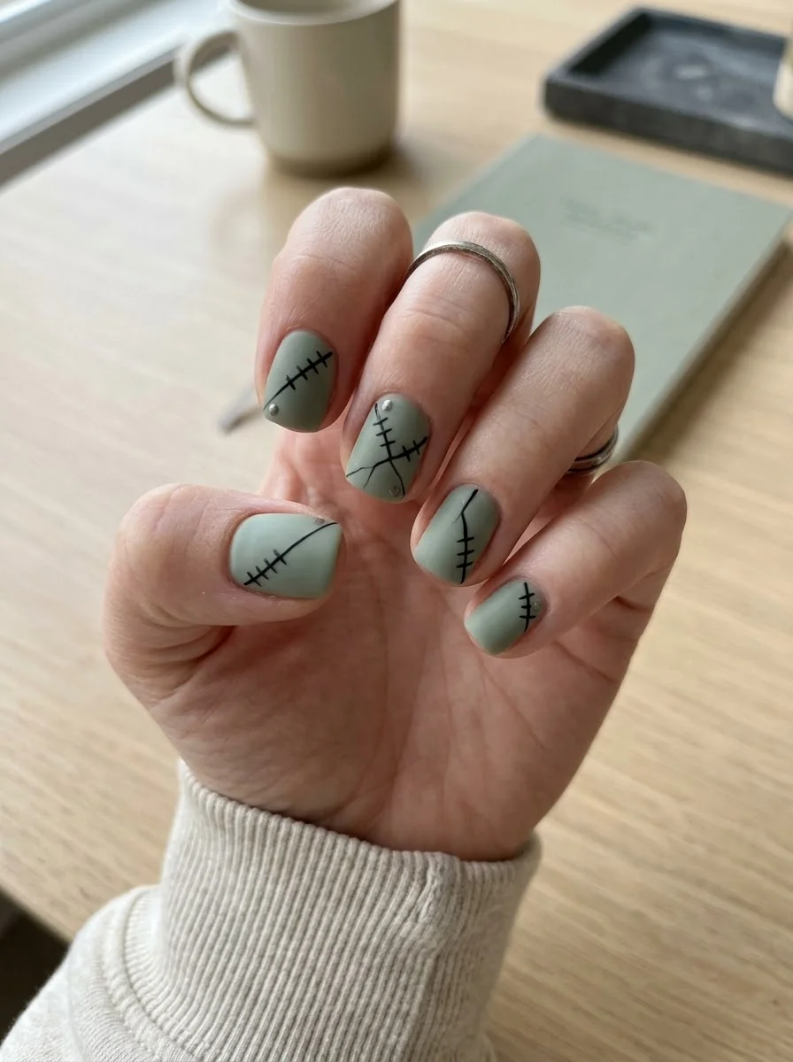 Sage Stitch Halloween Nails - Matte sage green short nails with black Frankenstein stitch lines and silver studs
