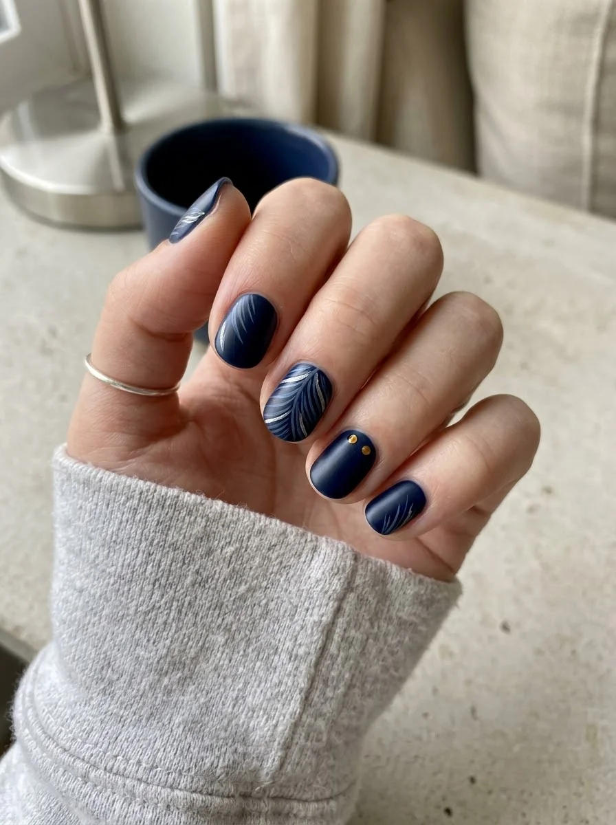 Midnight Leaf Accent Nails - Deep navy blue short nails with silver leaf detailing and gold studs