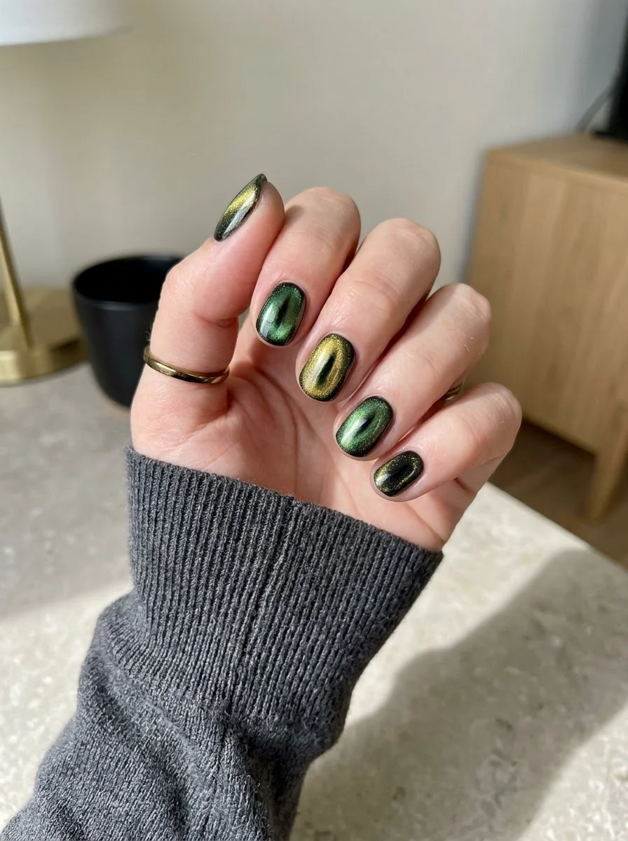 Witchy Green Cat-Eye Nails - Magnetic green cat-eye short nails shifting between olive, emerald, and gold