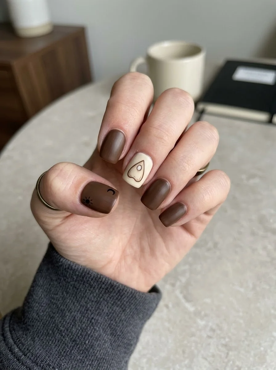 Mocha Ouija-Inspired Nails - Matte mocha brown short nails with cream planchette accent and sun and moon details