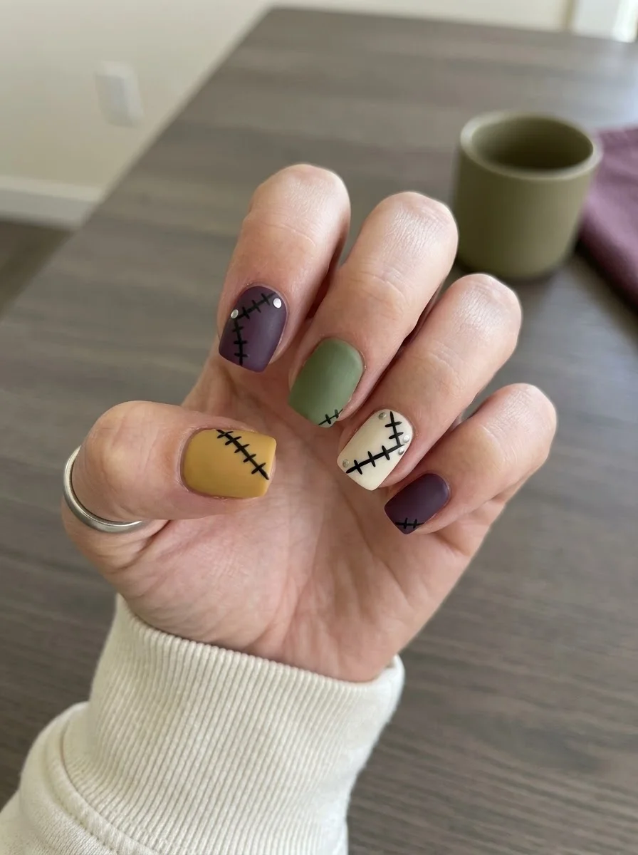 Halloween Patchwork Stitch Nails - Muted purple, moss green, mustard yellow, and ivory matte nails with black stitch lines
