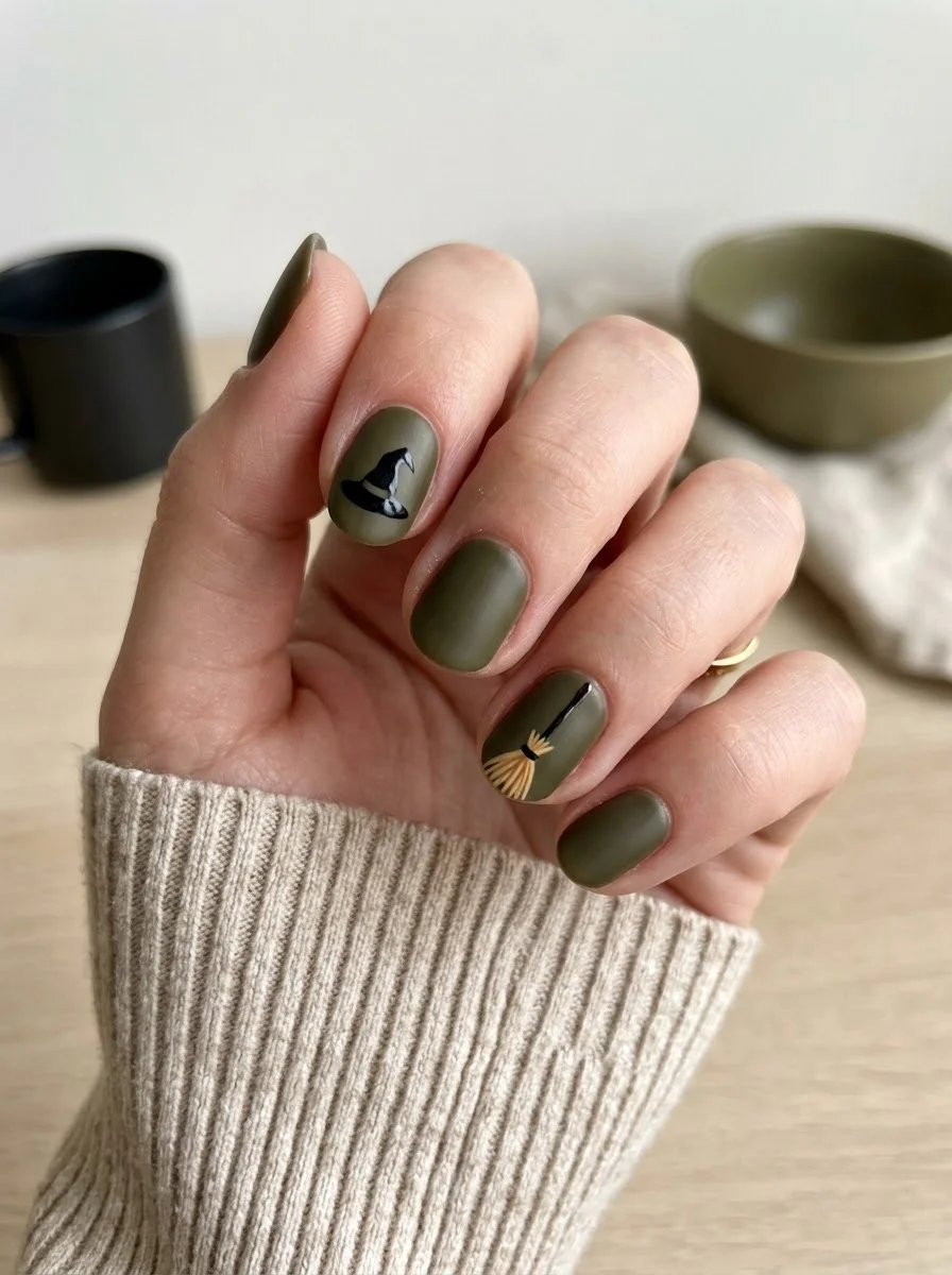 Olive Witch Hat & Broom Nails - Muted olive green nails with a black witch hat and delicate broomstick accent