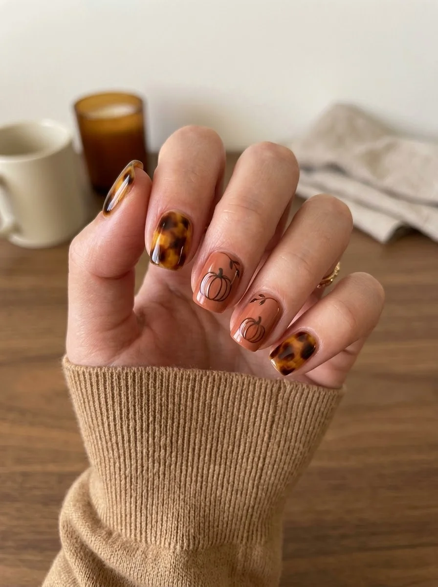 Tortoiseshell Pumpkin Nails - Terracotta nails with fine pumpkin outlines paired with glossy tortoiseshell accents