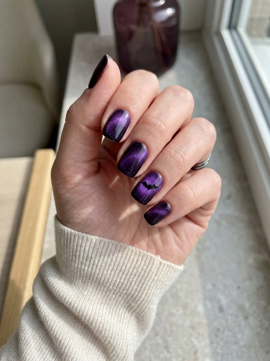 Purple Magnetic Bat Nails - Shimmering magnetic purple cat-eye short nails with a black bat accent detail