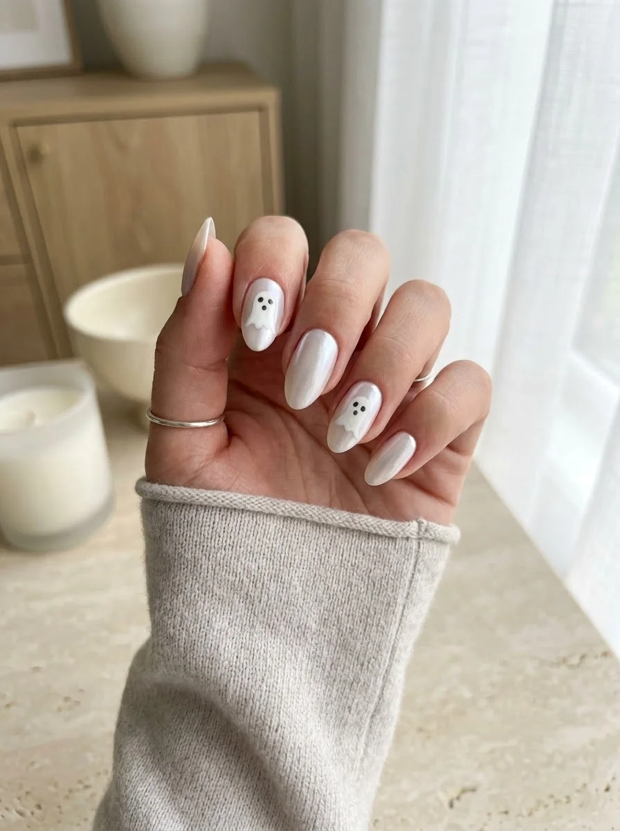 Pearl White Ghost Nails - Luminous pearl-white short nails with subtle floating white ghost artwork