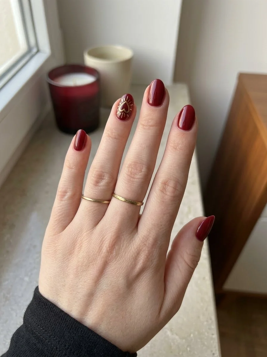 Burgundy Gothic Heart Nails - Glossy deep burgundy short nails with a metallic-gold gothic heart accent