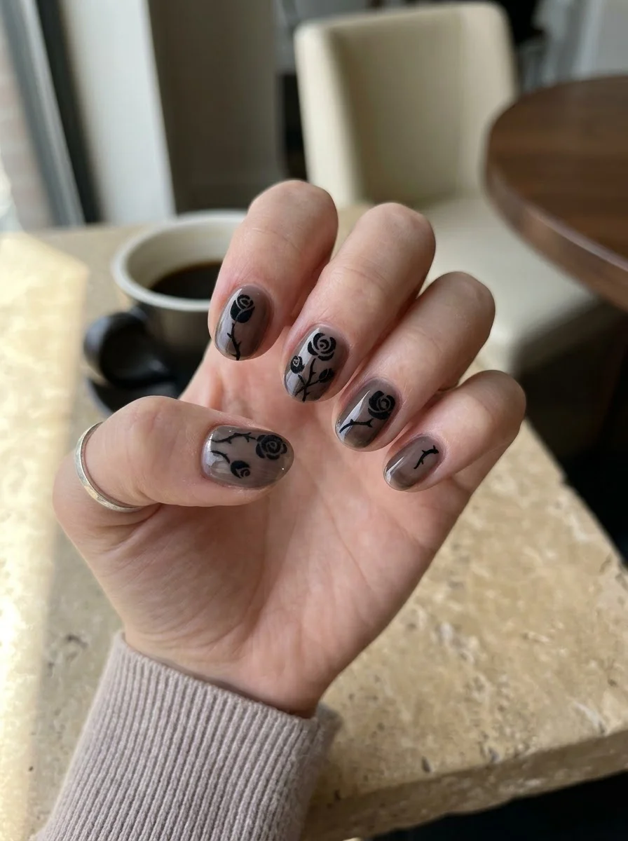 Smoky Black Rose Nails - Translucent smoky grey short nails with fine black rose silhouettes