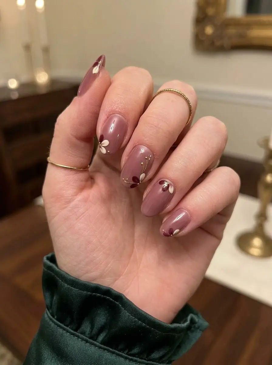 Dusty Rose Burgundy Floral Party Nails
