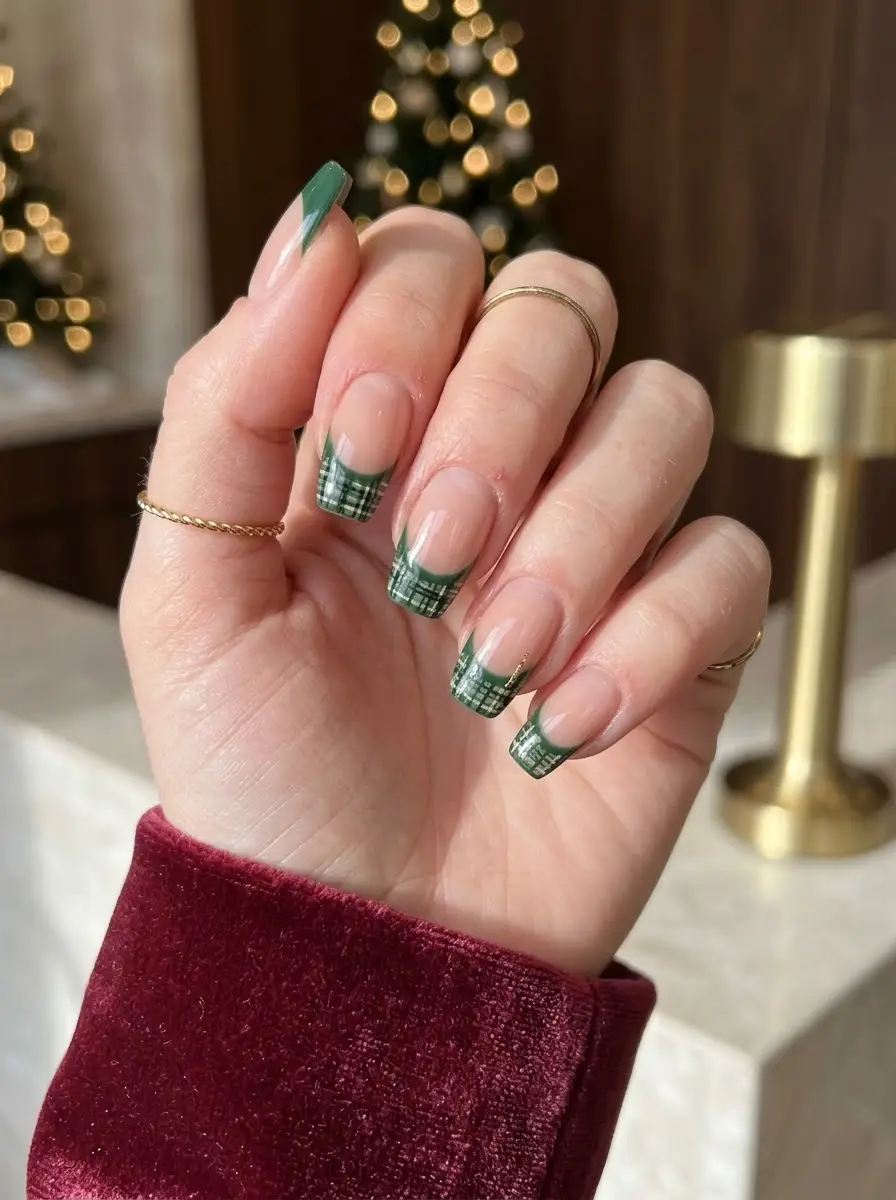Green Plaid French Holiday Nails