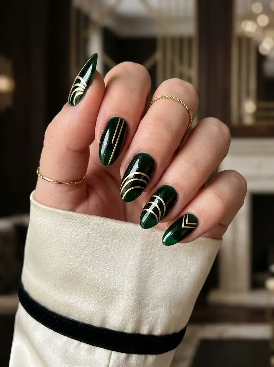 Emerald Green and Gold Art Deco Nails