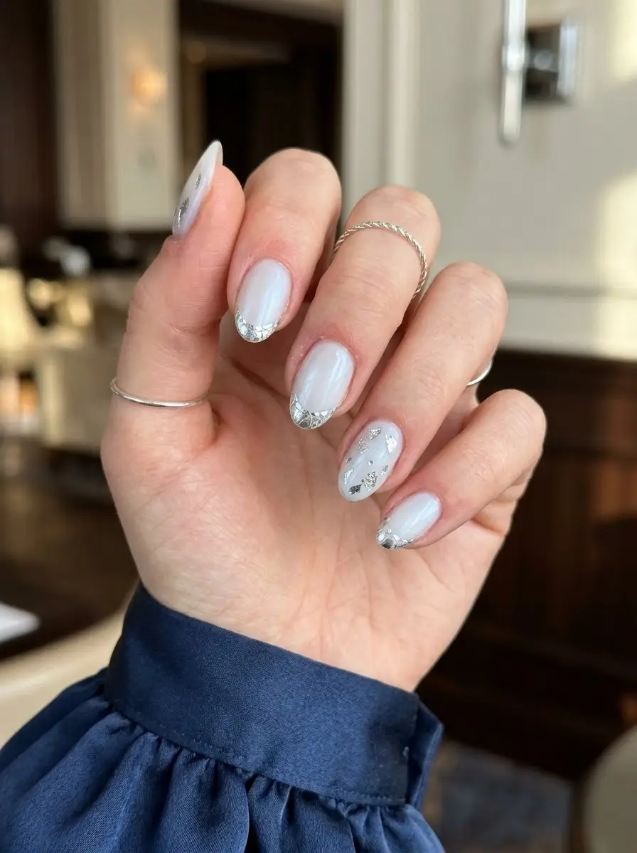 Milky White Silver Foil Holiday Nails