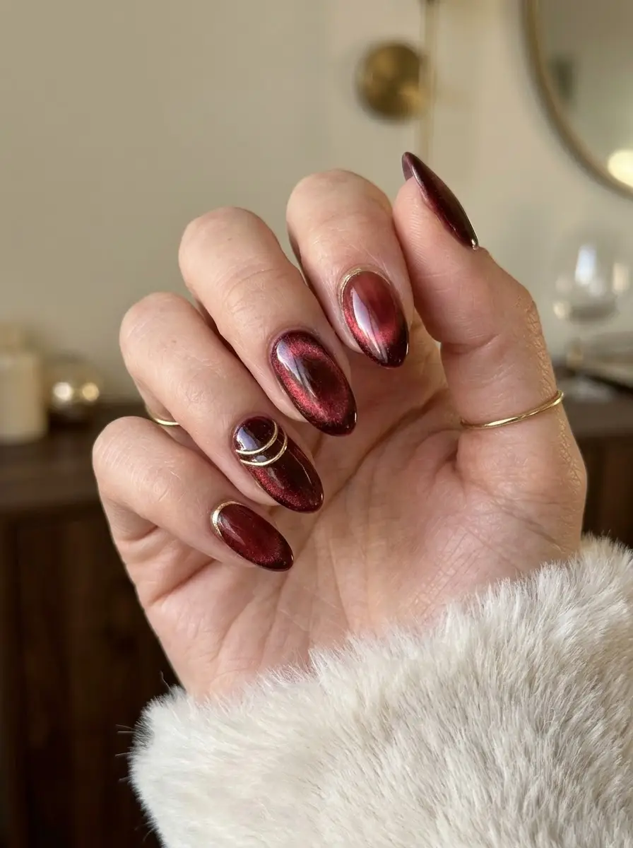 Ruby Red Cat-Eye Gold Swirl Nails